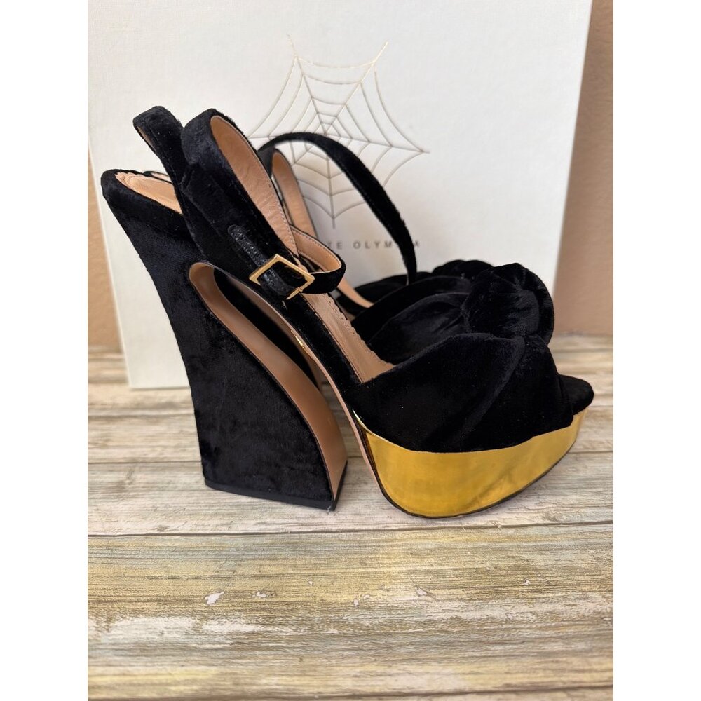 Charlotte Olympia Black Velvet Wedge Sandals with Gold Platform